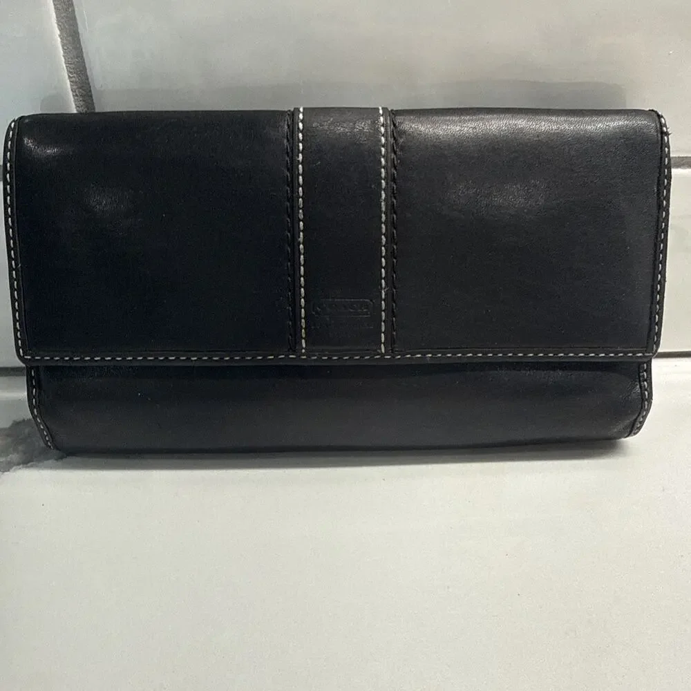 Vintage Coach Hampton Black Wallet Tri Fold Purple Interior Flaws